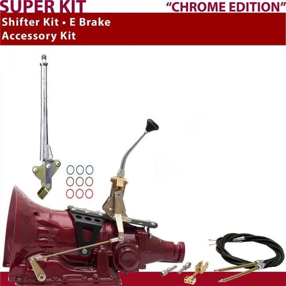 American Shifter 700R4 Shifter Kit 8 in. E Brake Cable Chrome Push Button 11 Handle Ringed Knob for D6318