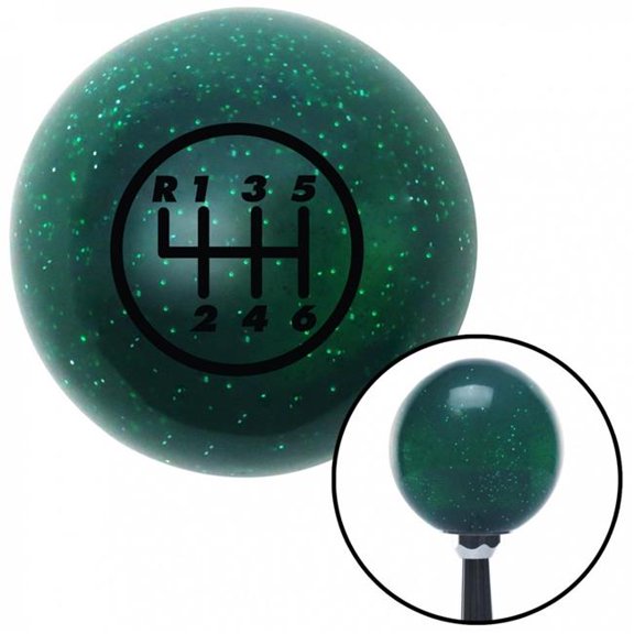 American Shifter 60670 Black 6 Speed Shift Pattern - 6DR-RUL Green Metal Flake Shift Knob - M16 x 1.5 Insert Auto