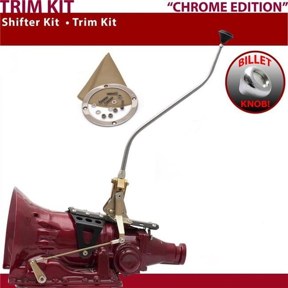 American Shifter C4 Shifter Kit Chrome 23 in. Swan Trim Kit Push Button Tan Boot Billet Knob for F56A9