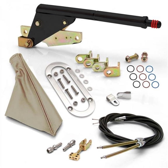American Shifter  Floor Mount Black E-Brake Handle Tan Boot, Chrome Ring & Cable Kit for GM Clevis