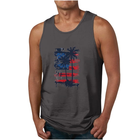 American Shirt Men's Print Tank Top Casual Sports Sleeveless Round Neck T-Shirt Tank Top Dark Gray 3Xl