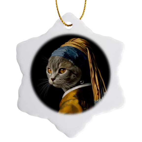 3drose, American Shorthair Cat with Pearl Earring Golden Age Painting, 3 inch Snowflake Porcelain Ornament