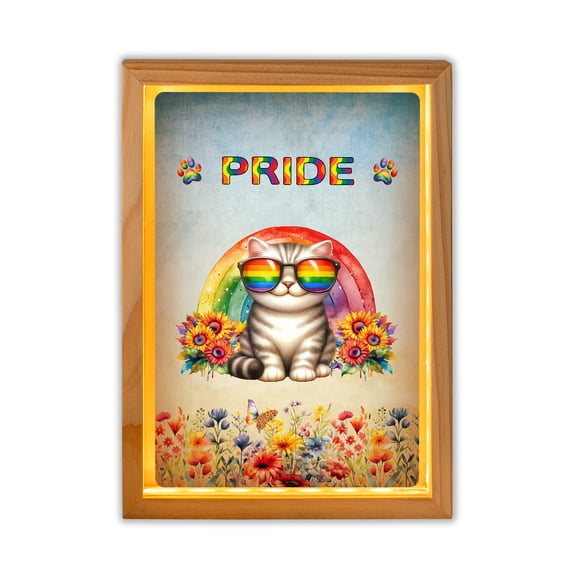 American Shorthair Celebrates Rainbow Pride Month LGBT LGBTQ+ Acrylic Plaque with Wood Photo Frame Box Cat Lover Kitten Owner Gifts Light Box - 01003