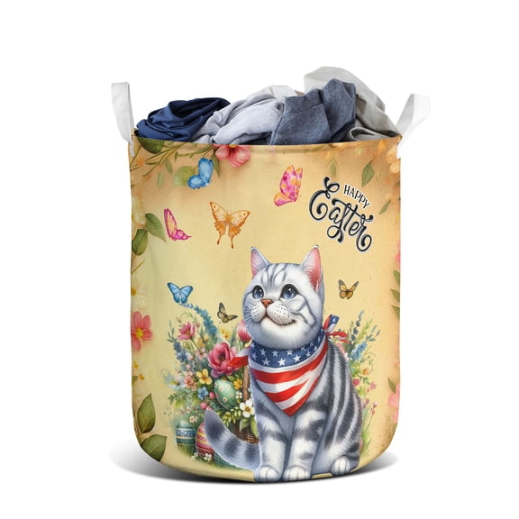 American Shorthair Celebrates Spring and Happy Easter Foldable Laundry Basket Cat Lover Kitten Owner Gifts Organizer Storage with Handles - 02001