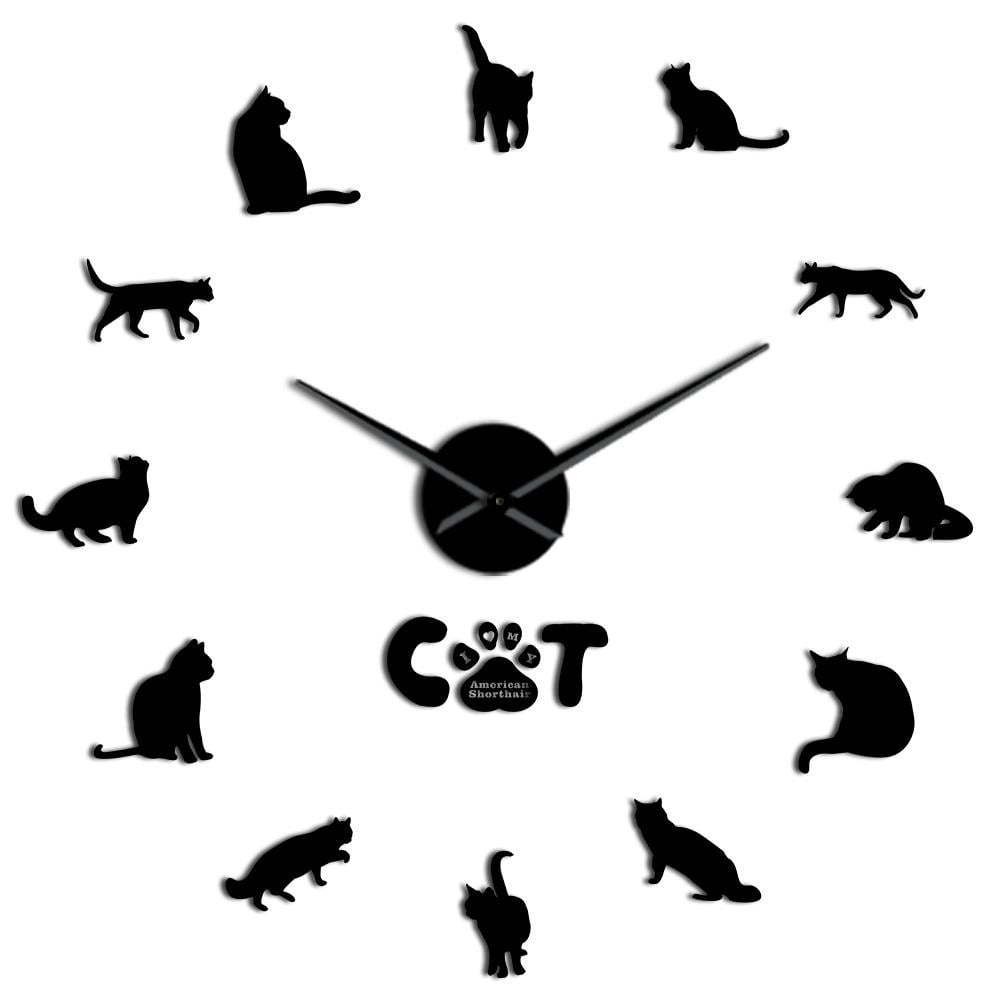 American Shorthair Cute Cat Silouette Frameless Wall Clock Stickers ...
