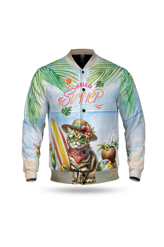 American Shorthair Hello Summer with Sunglasses and Surfboard Tropical Vibes All Over Print 3D Baseball Jacket Cat Lover Kitten Owner Gifts Bomber Jacket Softball - 00007