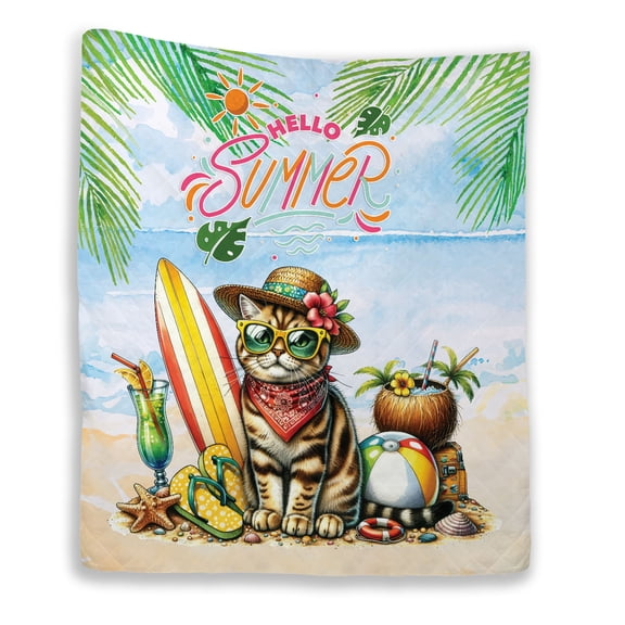American Shorthair Hello Summer with Sunglasses and Surfboard Tropical Vibes Quilt Blanket Cat Lover Kitten Owner Gifts Cozy Comforter Throw Blanket - 00007