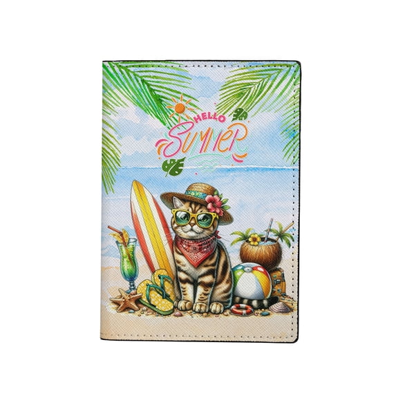American Shorthair Hello Summer with Sunglasses and Surfboard Tropical Vibes Travel Passport Wallet Cat Lover Kitten Owner Gifts PU Leather Passport Holder Cover - 00007