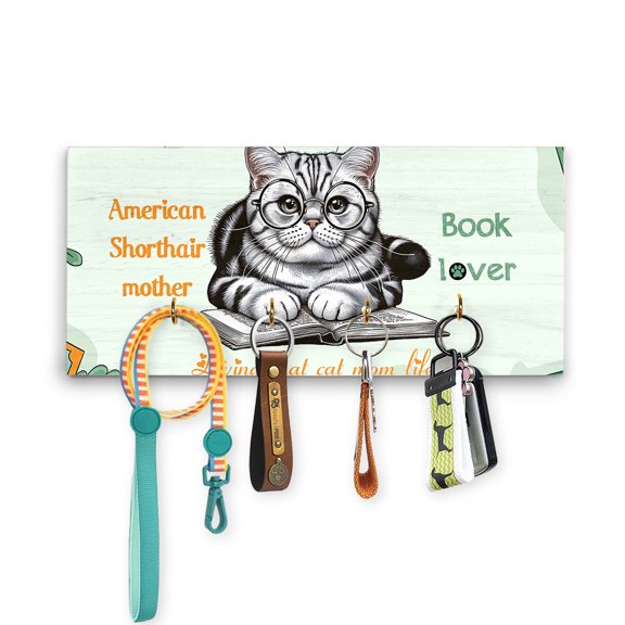 American Shorthair Mother Book Lover Happy Mother's Day Wood Key Holder Cat Lover Kitten Owner Gifts Wall-mounted Key Rack Home Decor - 03004