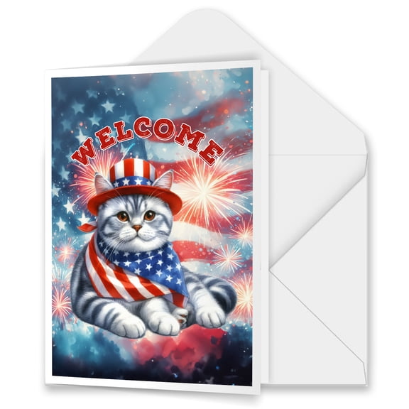 American Shorthair Patriotic Welcome for 4Th of July Independence Day 5x7in Folded Greeting Card Cat Lover Kitten Owner Gifts Single Note Card with Envelope - 00010