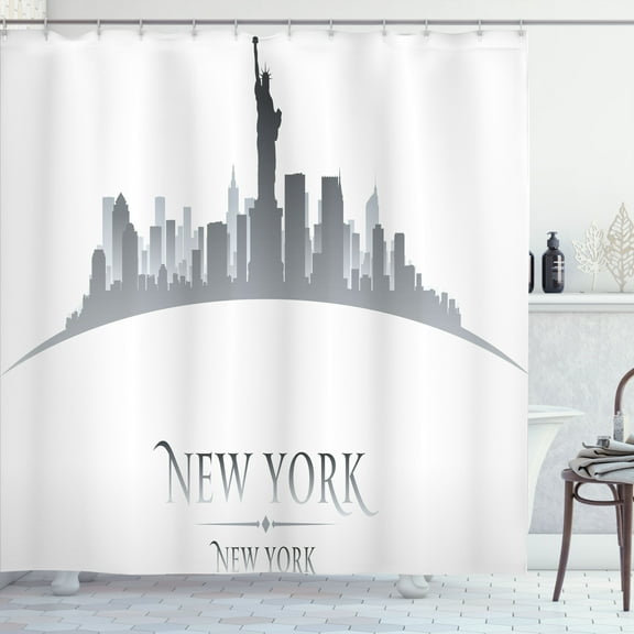 American Shower Curtain, New York City Silhouette with Statue of Liberty Famous Town USA Monument Image, Fabric Bathroom Set with Hooks, 69W X 84L Inches Extra Long, Grey White, by Ambesonne