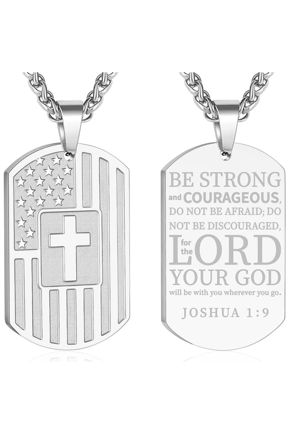 Silver Dog Tag Cross Necklaces for Men Boys American Flag Pendant Chain Catholic Christian Religious Birthday Valentines Day Jewelry Gifts Teen Him Dad Boyfriend Male Son Adults Kids Age Ideas