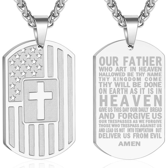 APSVO Silver Dog Tag Cross Necklaces for Men Boys American Flag Pendant Chain Catholic Christian Religious Birthday First Communion Graduation Fathers Day Jewelry Gifts Teen Son Dad Kids Age Ideas