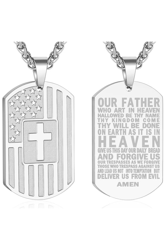 Silver Dog Tag Cross Necklaces for Men Boys American Flag Pendant Chain Catholic Christian Religious Birthday Valentines Day Jewelry Gifts Teen Him Dad Boyfriend Male Son Adults Kids Age Ideas