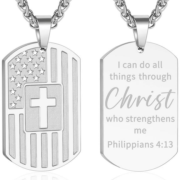 APSVO Silver Dog Tag Cross Necklaces for Men Boys American Flag Pendant Chain Catholic Christian Religious Birthday Valentines Day Jewelry Gifts Teen Him Dad Boyfriend Male Son Adults Kids Age Ideas