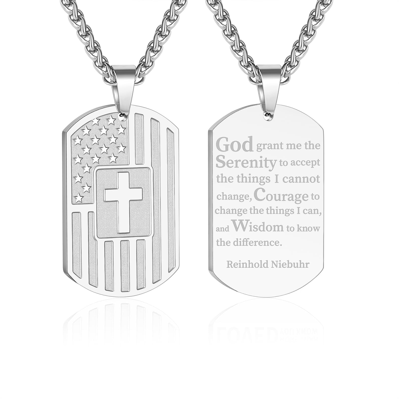 American Silver Dog Tag Cross Necklaces for Men Bible Verse Pendant Cross Stainless Steel Men Necklaces 24 Inches Chain First Communion Confirmation