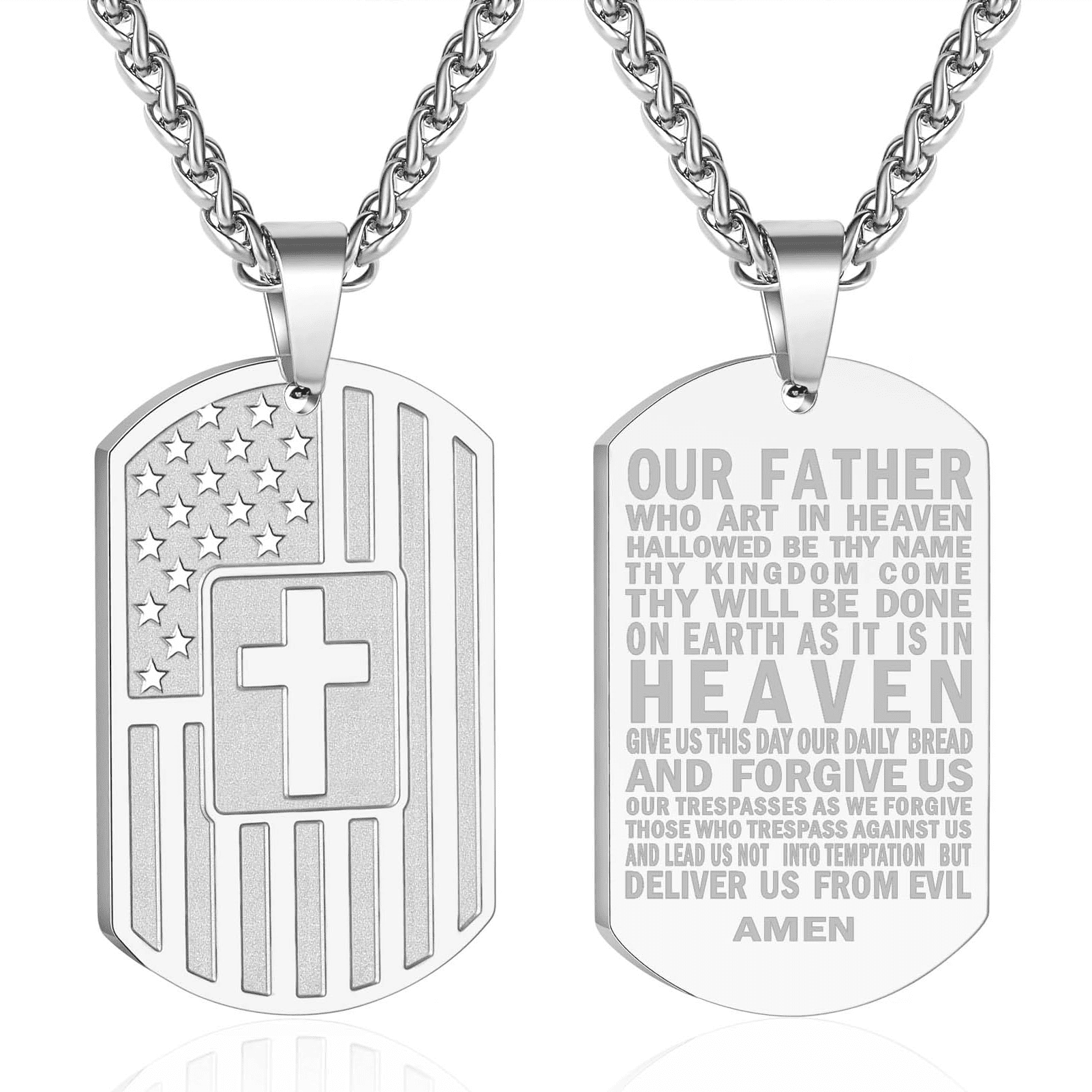 American Silver Dog Tag Necklaces for Men Boys Bible Verse Pendant