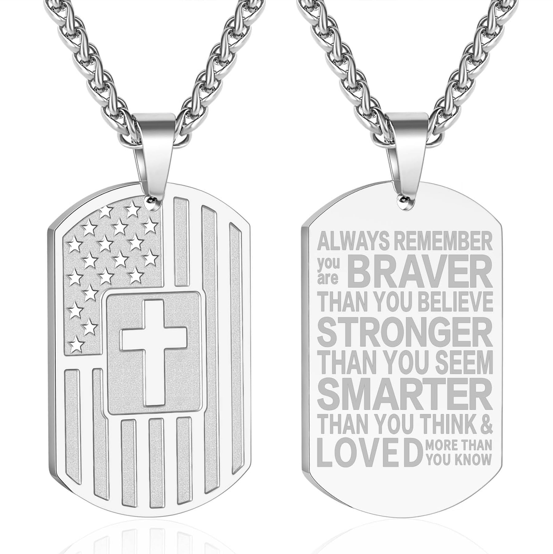 American Silver Dog Tag Necklaces for Men Boys Bible Verse Pendant