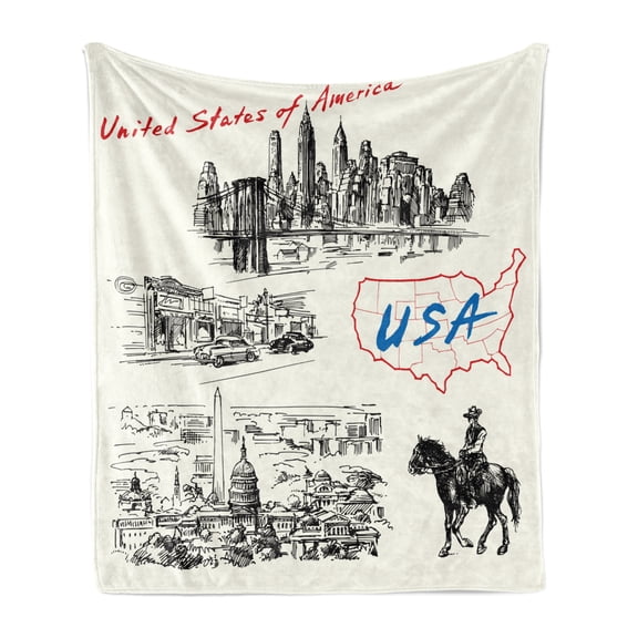 American Soft Flannel Fleece Blanket, Hand Drawn USA Map Nostalgic Landscapes Skyscrapers Cowboy with Horse Metropolis, Cozy Plush for Indoor and Outdoor Use, 50" x 60", Black White, by Ambesonne