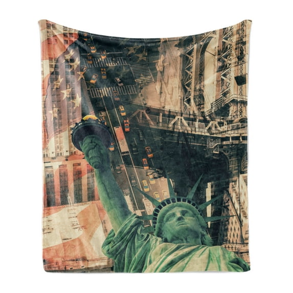 American Soft Flannel Fleece Blanket, New York City Street Scenery Liberty Statue and USA Flag Freedom Torch Illustration, Cozy Plush for Indoor and Outdoor Use, 50" x 70", Red Grey, by Ambesonne