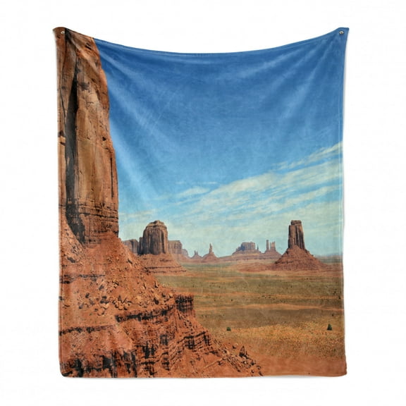 American Soft Flannel Fleece Blanket, Scenic View of Monument Valley Sandstone Butte Rocks Wild West Desert Landscape, Cozy Plush for Indoor and Outdoor Use, 50" x 70", Cinnamon Blue, by Ambesonne