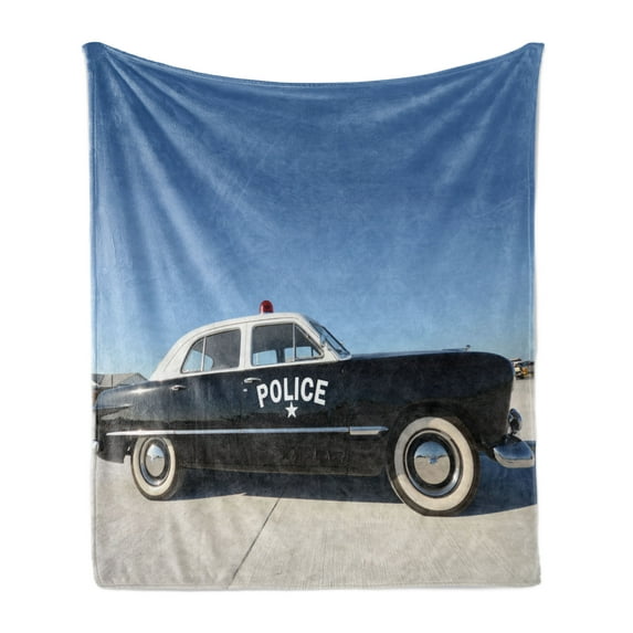 American Soft Flannel Fleece Blanket, Side View of a Parked Old American Police Car and the Sky Digital Print, Cozy Plush for Indoor and Outdoor Use, 70" x 90", Blue Beige and Black, by Ambesonne