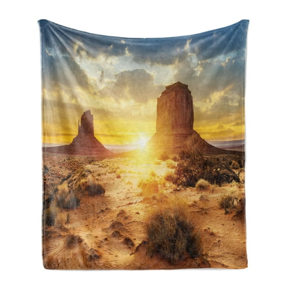 American Soft Flannel Fleece Blanket, US Monument Valley The Three Sisters Canyon Bushes Sand Sunset Landscape Print, Cozy Plush for Indoor and Outdoor Use, 70" x 90", Yellow Brown, by Ambesonne