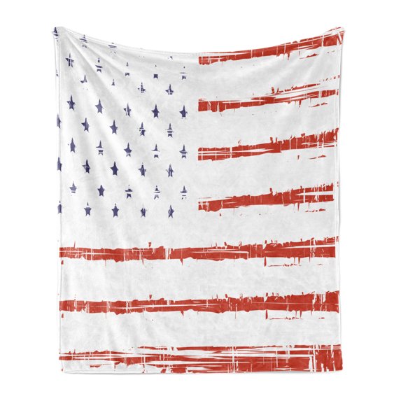 American Soft Flannel Fleece Blanket, Vector Grunge Texture Flag of United States of America Illustration, Cozy Plush for Indoor and Outdoor Use, 60" x 80", White Blue and Vermilion, by Ambesonne