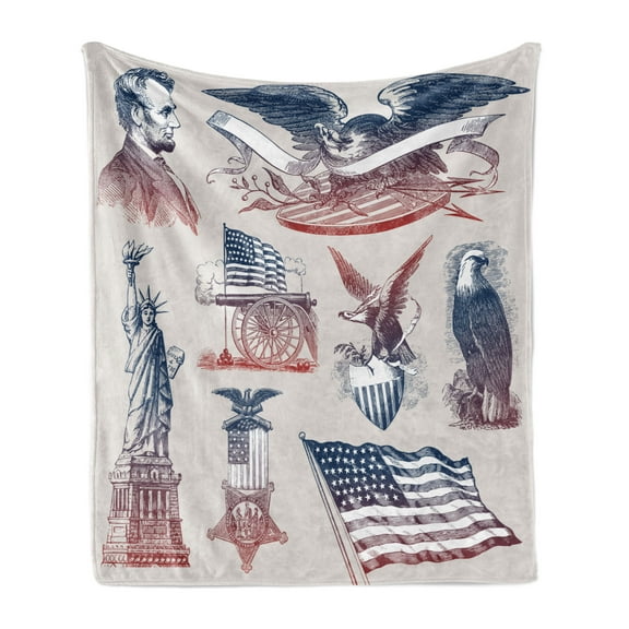 American Soft Flannel Fleece Blanket, Vintage National Symbols Hand Drawn Style Abraham Lincoln Eagle Statue of Liberty, Cozy Plush for Indoor and Outdoor Use, 70" x 90", Multicolor, by Ambesonne