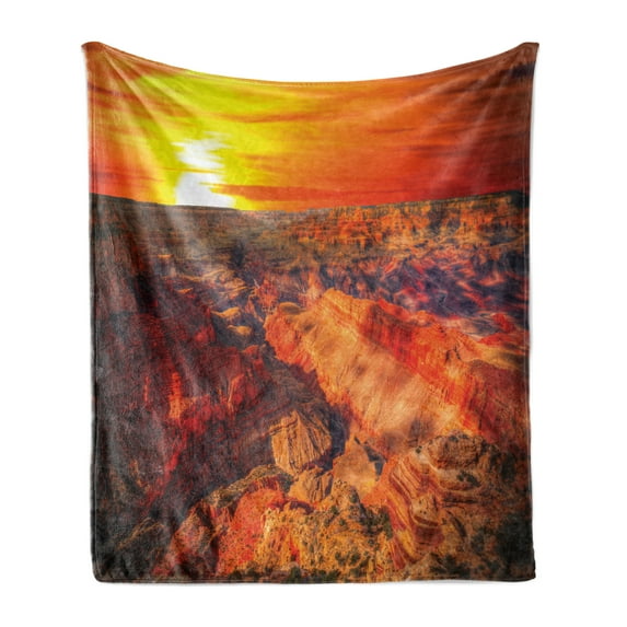 American Soft Flannel Fleece Throw Blanket, Horizon Overview Unique Grand Canyon Photo Saturated Warm Color Effects Sunset, Cozy Plush for Indoor and Outdoor Use, 60" x 80", Orange, by Ambesonne