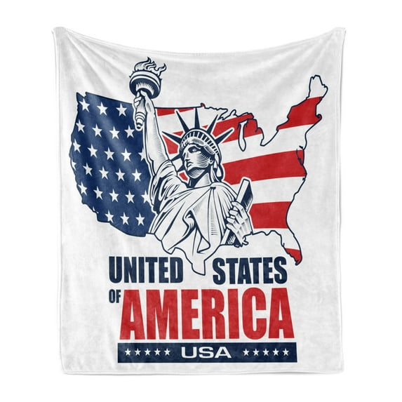 American Soft Flannel Fleece Throw Blanket, Liberty NYC United States Flag Hand-drawn with Lettering, Cozy Plush for Indoor and Outdoor Use, 50" x 60", Vermilion Dark Blue, by Ambesonne