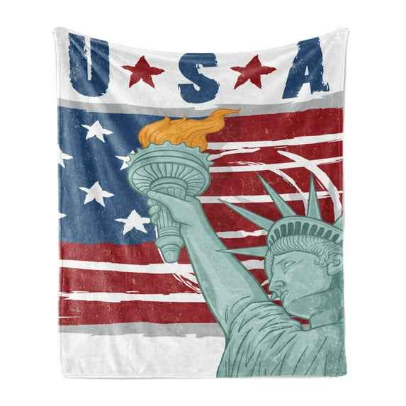 American Soft Flannel Fleece Throw Blanket, Retro USA Flag Drawing with Statue of Liberty National Heritage, Cozy Plush for Indoor and Outdoor Use, 60" x 80", Almond Green White, by Ambesonne