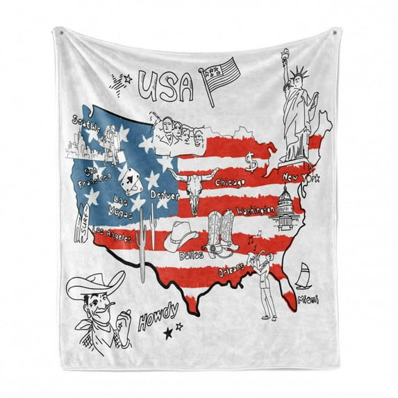 American Soft Flannel Fleece Throw Blanket, USA Flag Hand Drawn All States Cultural Heritage Howdy Texas Cowboy Themed, Cozy Plush for Indoor and Outdoor Use, 50" x 60", White Blue Red, by Ambesonne