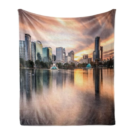 American Soft Flannel Fleece Throw Blanket, USA Florida Downtown City Skyline View from the Lake Foggy Scenic Panorama, Cozy Plush for Indoor and Outdoor Use, 50" x 60", Teal Peach Grey, by Ambesonne