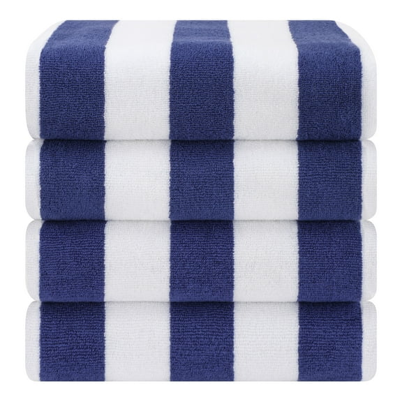 American Soft Linen, 100% Cotton 4-Pack Turkish Cabana Striped Beach Towels – Sand-Free, Soft & Absorbent, 30x60 Inches - Navy Blue