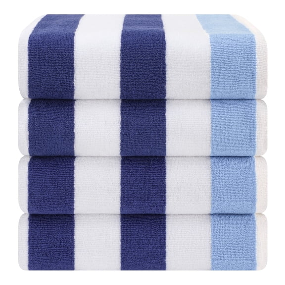 American Soft Linen, 100% Cotton 4-Pack Turkish Cabana Striped Beach Towels – Sand-Free, Soft & Absorbent, 30x60 Inches - Navy/Sky Blue