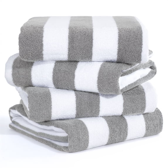 American Soft Linen, 100% Cotton 4-Pack Turkish Cabana Striped Beach Towels – Sand-Free, Soft & Absorbent, 30x60 Inches - Rockridge Gray