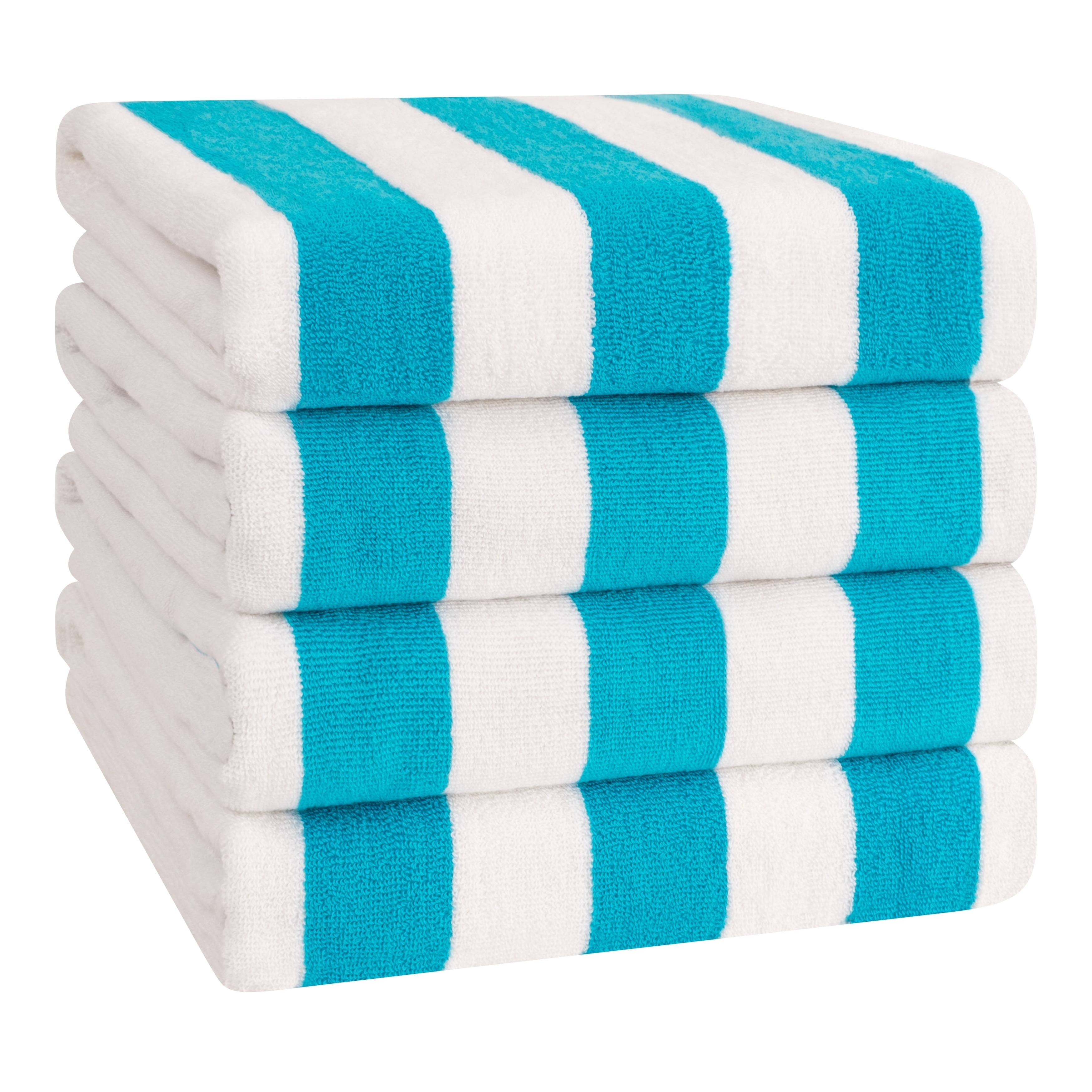 Turquoise Blue and White Cotton Cabana Striped Beach Towels, 30x60 inches, 4-Pack