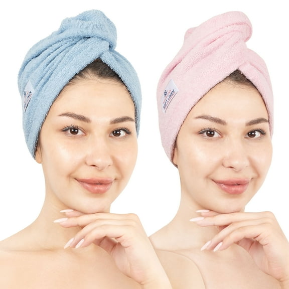 American Soft Linen 100% Cotton Turkish Hair Drying Towels, 2 Piece Quick Drying Hair Turban Towel Wrap, Sky Blue-Pink