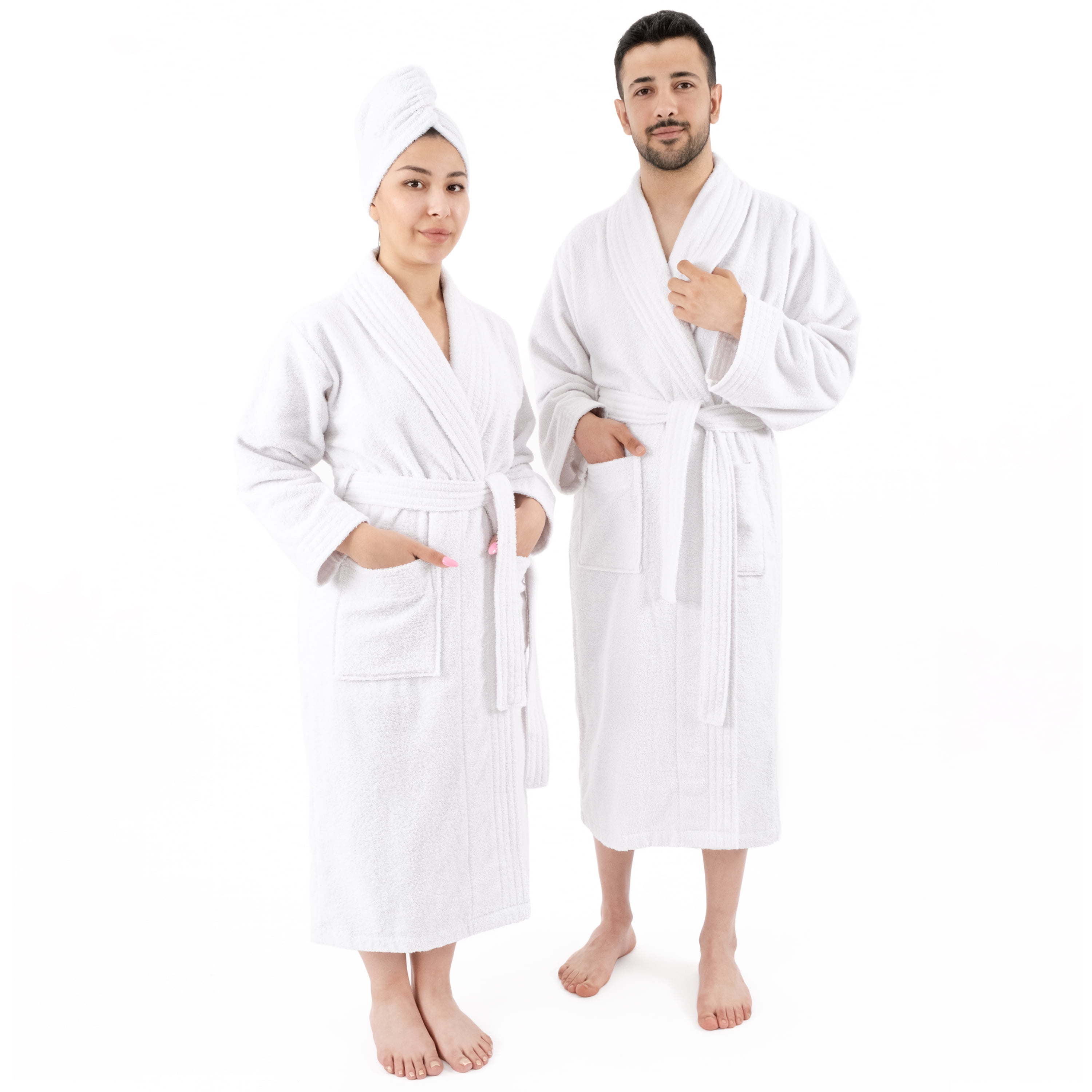 White Medium 100% Cotton Turkish Bathrobe for Couples