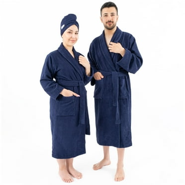 American Soft Linen, 100% Cotton Turkish Bathrobe - Soft, Absorbent, & Luxurious for Men & Women, Small - Blue
