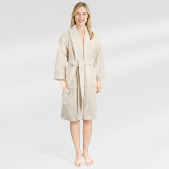 American Soft Linen, 100% Cotton Turkish Bathrobe - Soft, Absorbent, & Luxurious for Women, Large - Beige