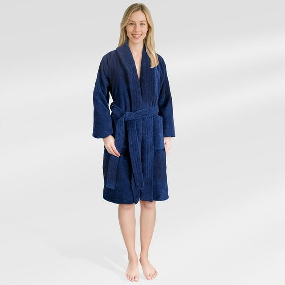 American Soft Linen, 100% Cotton Turkish Bathrobe - Soft, Absorbent, & Luxurious for Women, Medium - Navy Blue