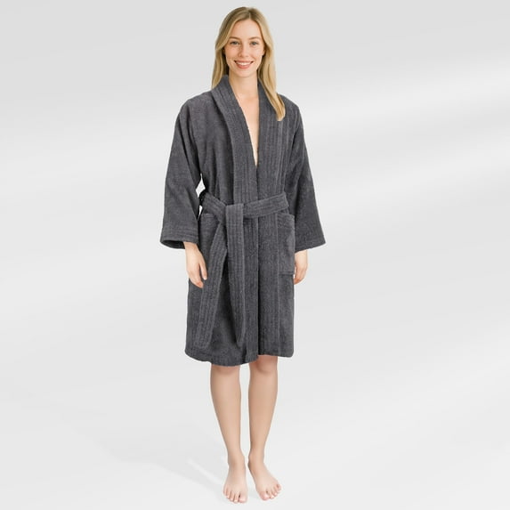 American Soft Linen, 100% Cotton Turkish Bathrobe - Soft, Absorbent, & Luxurious for Women, Medium - Gray