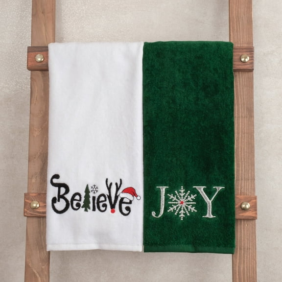 American Soft Linen 2-Pack 100% Cotton Embroidered Christmas Decorative Towels – Soft, Absorbent, 16x28 Inches, Perfect for Holiday & Christmas Gifting, Joy-Believe