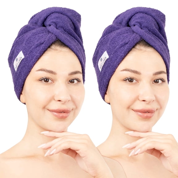 American Soft Linen 100% Cotton Turkish Hair Drying Towels, 2 Piece Quick Drying Hair Turban Towel Wrap, Purple
