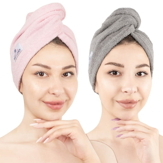 American Soft Linen 100% Cotton Turkish Hair Drying Towels, 2 Piece Quick Drying Hair Turban Towel Wrap, Rockridge-Pink