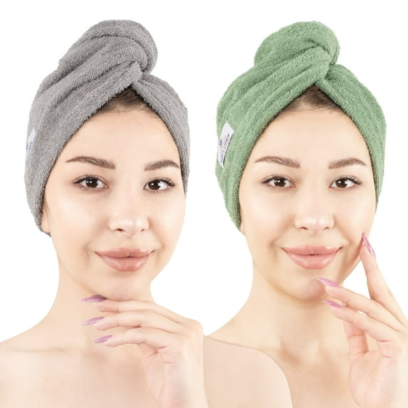 American Soft Linen 100% Cotton Turkish Hair Drying Towels, 2 Piece Quick Drying Hair Turban Towel Wrap, Rockridge-Sage
