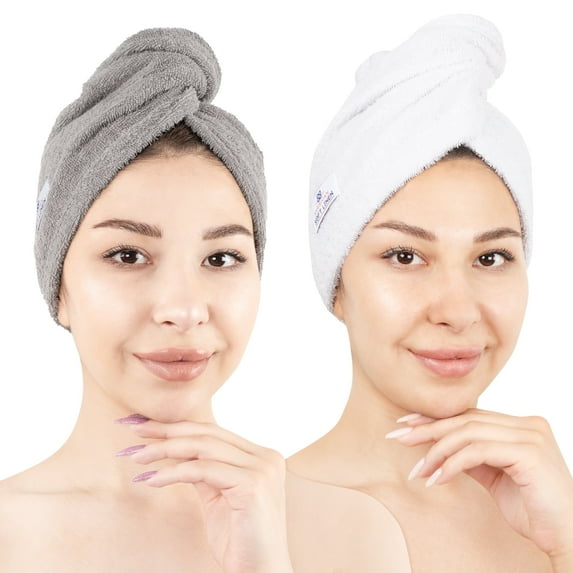 American Soft Linen 100% Cotton Turkish Hair Drying Towels, 2 Piece Quick Drying Hair Turban Towel Wrap, Rockridge-White