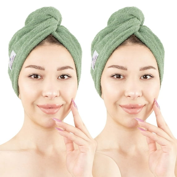 American Soft Linen 100% Cotton Turkish Hair Drying Towels, 2 Piece Quick Drying Hair Turban Towel Wrap, Sage Green